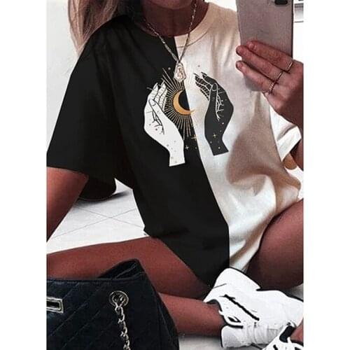 Black White Patchwork Tee T Shirt Oversize Femme Gothic Graphic T Shirts Women 2021 Summer Vintage Casual Loose Tops Tshirts