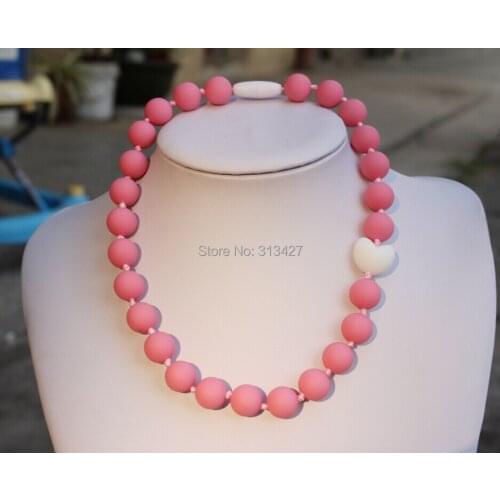 Children Silicone Teething Necklace with Violet Pink Heart Bead / Sensory Chew Necklace - Silicone