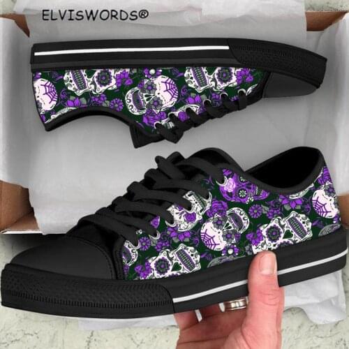 ELVISWORDS Sugar Skull Design Ladies Comfortable Vulcanized Shoes Breathable Womens Walking Shoes Woman Lace Up Footwears