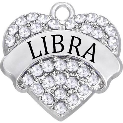 Exquisite Rhinestone inlaid heart-shaped metal engraving LIBRA word charm FIT DIY twelve constellations jewelry necklace bangle