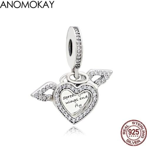 Anomokay Classic Full of White Crystal Angle Wings Heart Silver Charm fit Bracelet Necklace 925 Silver Wing Love Bead Pendant