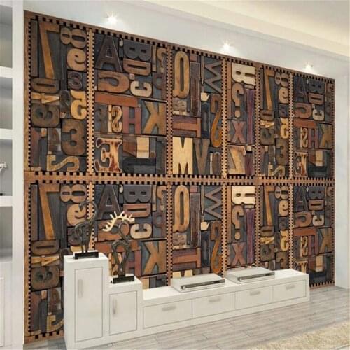 Milofi custom non-woven wall paper wood carving English alphabet 3D TV decorative painting background wall painting