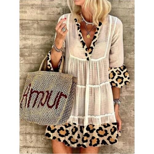 Fashion Woman New Leopard Stitching Dress Female Summer Clothes Casual Sexy V Neck Half Sleeve Mini Party Dress Elegant Ladies