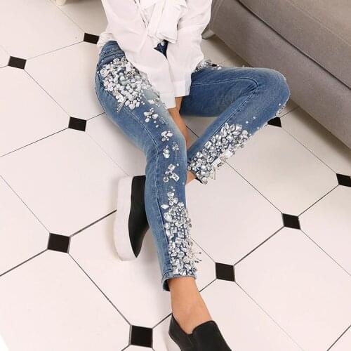Fashion Vintage Plus Size Women Luxury Embroidered Flares Diamond Denim Jeans Women Beaded Skinny Slim Fit Stretch Pencil Pants