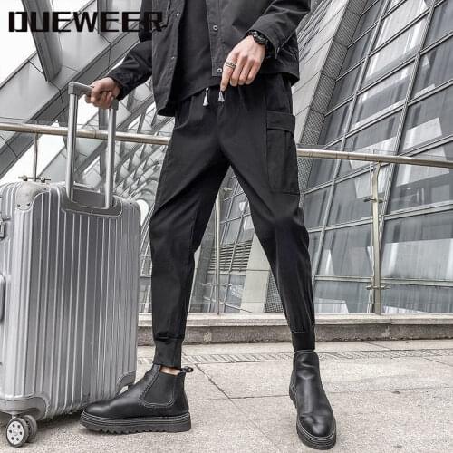 DUEWEER Mens Harem Pants Spring Summer Autumn Embroidery Waist Drawstring Split Thread Beam Loose Black Cropped Casual Pants