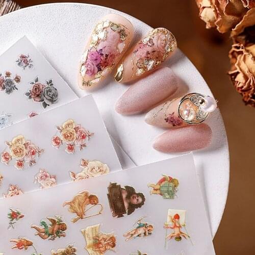 Cupid Angel Retro Flower Nail Art Stickers Cherubs Temporary Tattoo Tips 3D Paste Waterproof Manicure Decals Nail Accessories