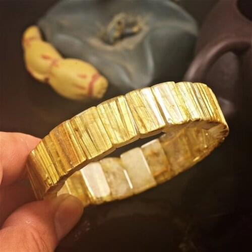 Genuine Natural Gold Rutilated Quartz Bracelet Titanium 15.5*6mm Gold Rectangle Beads Luxury Bracelet Bangle AAAAAA