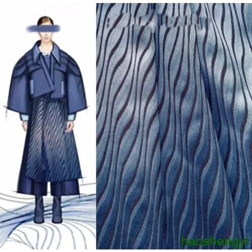 Simple fashion dark blue vertical wave pattern three-dimensional texture jacquard fashion fabric / half a meter price