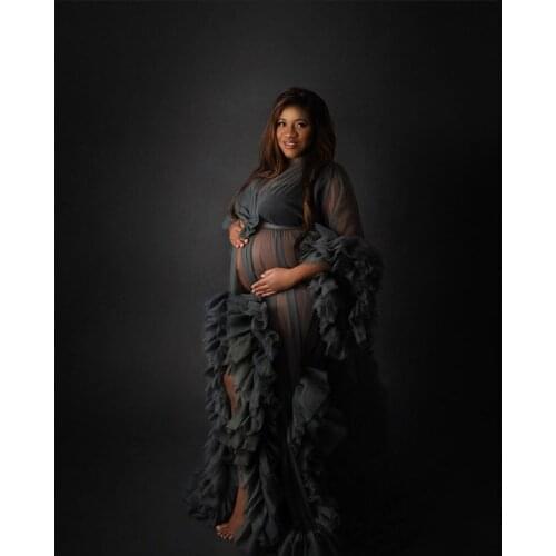 Sexy Grey Photography Dress See Thru Long Prom Dresses With Puff Full Sleeves Prom Gowns Ruffles Tiered Pregnant Woman Long Robe