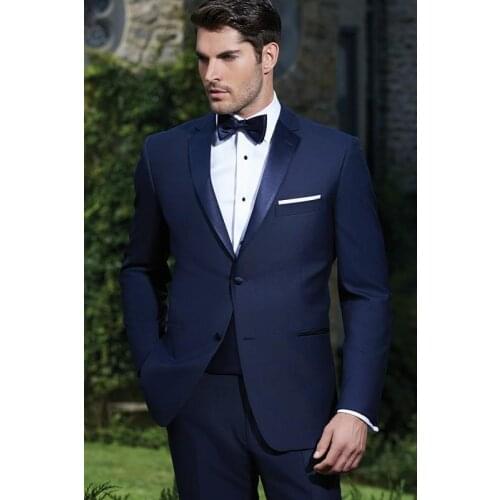 Custom Made Two Buttons Navy Blue Groom Tuxedos Notch Lapel Groomsmen Men Wedding Tuxedos Prom Suits (Jacket+Pants+Girdle+Tie)