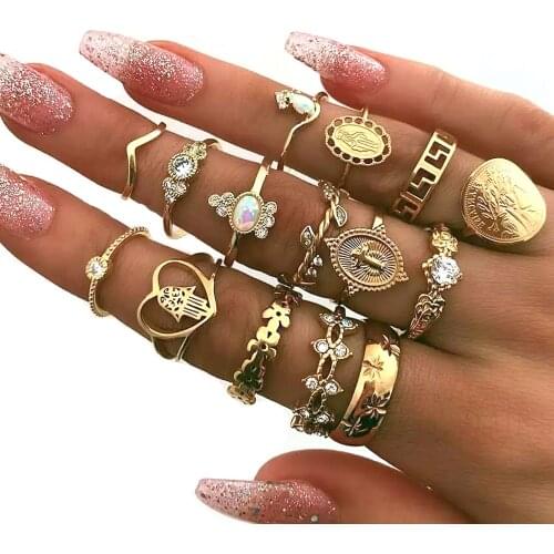 Starose 15 pcs/set Gold Heart Crystal Hand Cross Finger Rings Set Female Anillos Joint Ring Toe Knuckle Rings for Women Jewelry