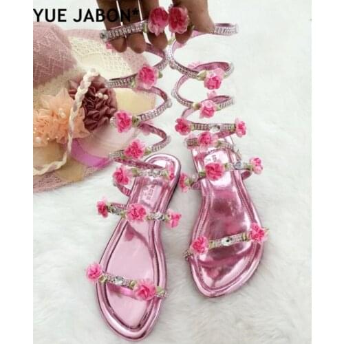 Knee High Slip onFlats Sandal Boots Gladiator Summer Rhinestone Woman Boots Shoes Bohemia Style Crystal Flower Beach Shoes