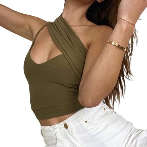 Women Summer Vest, Solid Color Single Shoulder Hollow V-Neck Tight Knitted Crop Tops for Girls, Army Green