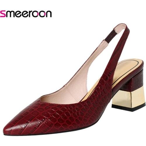 Smeeroon 2021 Genuine Leather Shoes Women Pumps Slingback Pointed Toe Classic Office Dress Shoes Ladies Thick High Heels