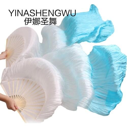 Dance Fans Bamboo Ribs Natural Silk Stage Performance Props Dye Fans Women Belly Dance Silk Fans white+light turquoise+turquoise