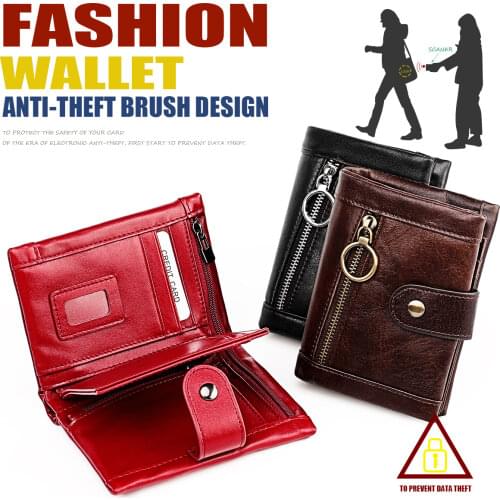 Vertical Zipper Snap Short RFID Blocking Mens Wallet Genuine Leather Coin Purse Bag Wallet Business Card Holder Womens