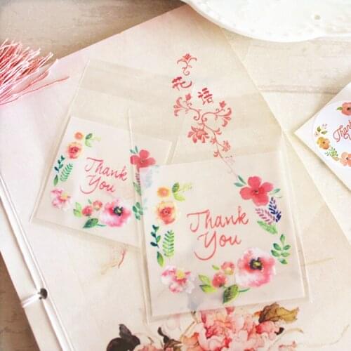 100pcs/ 4 Sizes"Thank you Flower Pattern"Cookies Biscuits Candy gift bags&Self Adhesive Packing Bag For wedding Birthday party