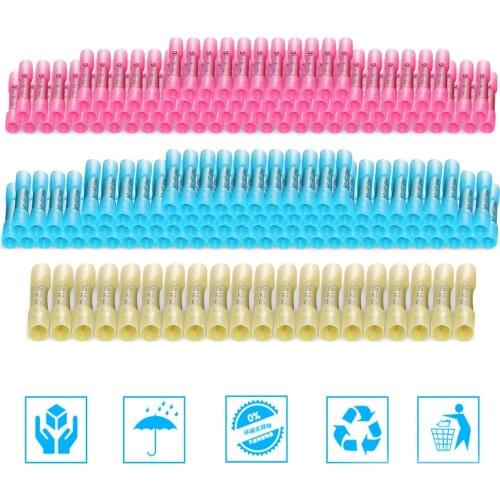 200Pcs Terminals Connectors Connectors Kit 3Sizes Waterproof Heat Shrink Butt Connectors Electrical Wire Splice Cable Crimp