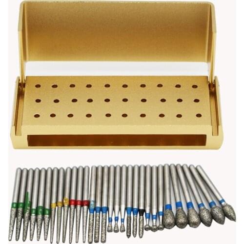 30pcs/set Dental Diamond Burs Drill Disinfection+Block High Speed Handpiece Holder Alumimum Instrument Dentist tools