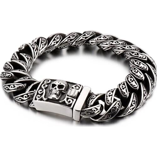 Cool Heavy 15MM Chain Stainless Steel Bracelet Male Gothic Skull Head Mens Bracelets Metal Bangles For Men Massive Hand Jewelry