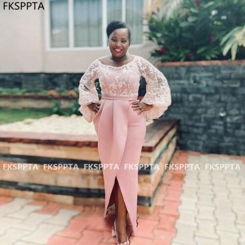 Black Women Prom Dresses Long Sleeves Straight Lace Top Elegant Formal Dress Robe De Soiree 2021 Pink Long Prom Gowns