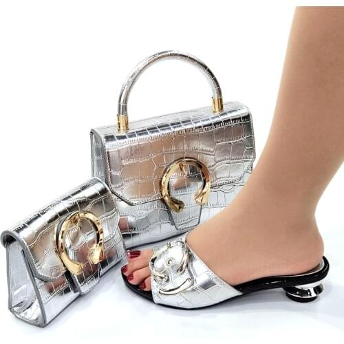 Doershow New Arrival African Wedding Shoes and Bag Set silver Italian Shoes with Matching Bags Nigerian Women party! ! SKJ1-29
