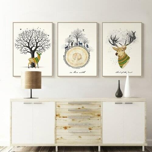 Exquisite Retro deer tree bird Stump Annual ring elk letter Modern decorative Canvas Wall Art Poster for hotel room office decor