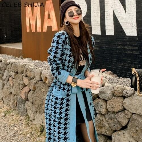 Knitwear Woman Knit Cardigan V-neck Blue Houndstooth Luxury Elegant Long Vintage Cardigan Knitting Woman Korean Autumn Winter
