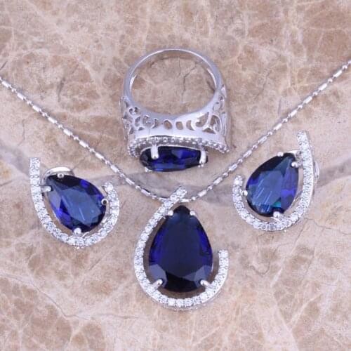 Blue Cubic Zirconia White CZ Silver Plated Jewelry Sets Earrings Pendant Ring Size 6 / 7 / 8 / 9 / 10 / 11 / 12 S0454