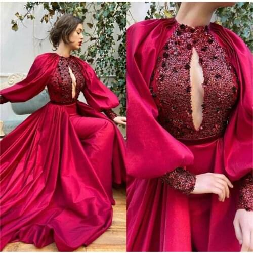 Red Evening Dresses With Detachable Skirt Long Sleeve Mermaid Prom Dress Sweep Train Custom Made Special Robes De Soirée