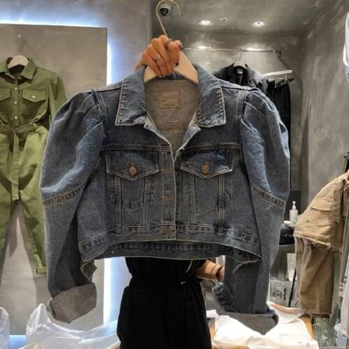 2021 Spring New Puff Sleeve Denim Jacket Women Vintage Turn-down Collar Short Blue Coat Ladies Korean Loose Casual Jeans Outwear