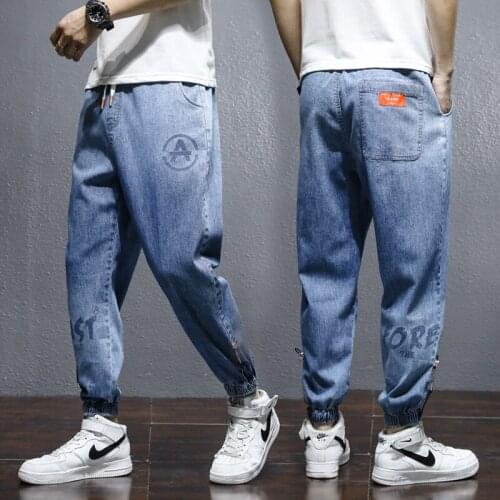 Men Letter Print Street Jeans 2021 Fashion Casual Harem Baggy Pants Light Blue Hip Hop Oversized Wide Leg Streetwear Denim Pants