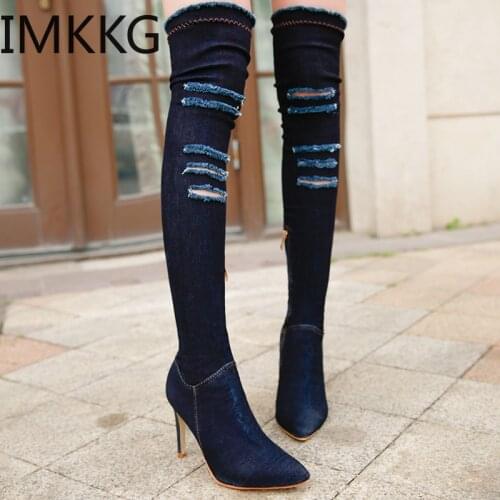 Newest Hollow out Over Knee Boots Women Denim Pointed Toe Gladiator Cowgirl Long Boot Woman Stiletto Shoes Female botas mujer