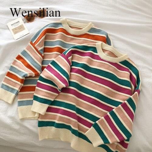 New Stripe Women Sweater Jumper winter Loose Long Sleeve color matching Pullover Tops Womens Knitted Stylish and warm Sweaters