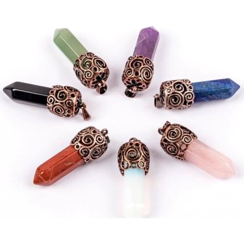 Natural Crystal Stone Retro Pendant Hexagonal Pillar Shape Bronze Flower Cap Dorp Necklace Nordic Style Reiki Healing Jewelry