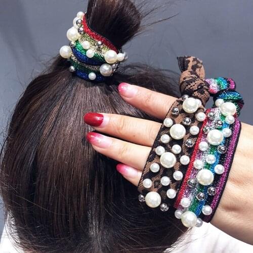 Korean Style Fashion Hot Selling Fresh Sweet Hair Band Personal Leopard Peral Hair Rings High Elastic Hair Rope Women Girls Gift