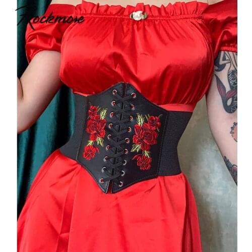 Rockmore Belts for Women Lace Up Wide Belt Embroidery Elegant Pu Leather Corset Female Stretchy Ceinture Bustier Cummerbunds
