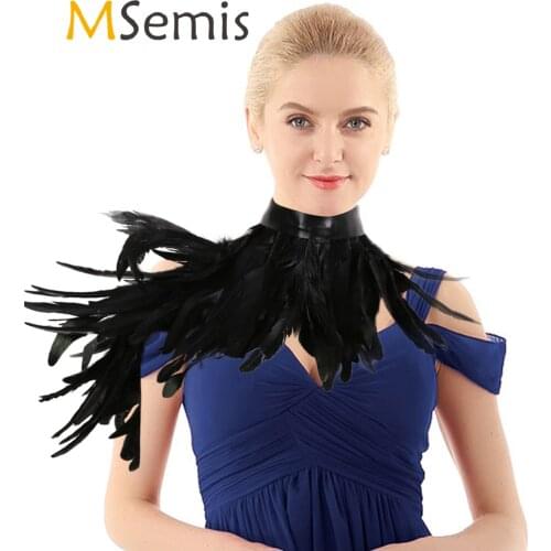 MSemis Punk Gothic Black White Feather Cape One Shoulder Shrug Shawl Wings Choker Collar Party Halloween Performance Show Decor