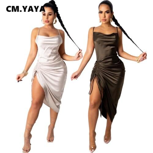 CM.YAYA Fall Winter Spaghetti Strap Knot Tie Up High Slit Dress for Women Sexy Club Night Party Pencil Draped Ruched Dresses