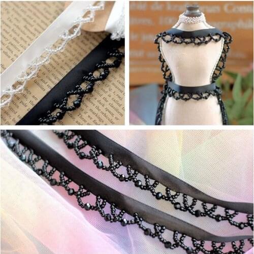 High-quality ribbon unilateral beaded lace accessories wedding dress DIY black and white pearl lace dress decoration