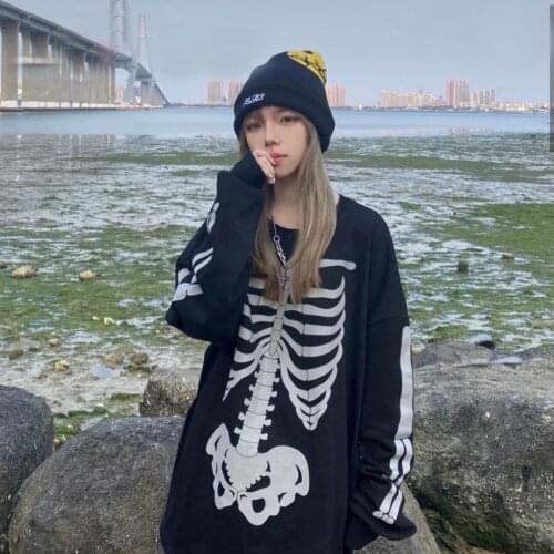 2021 new womens skull human bone print street hip-hop country couple tide couple long-sleeved T-shirt school uniform