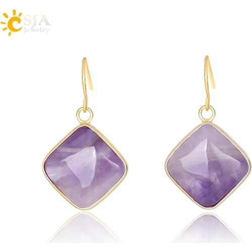 CSJA New Arrival Fashion Square Natural Stone Earrings for Women Gold Color Hook Dangle Eardrop Quartz Geometric Earring F330