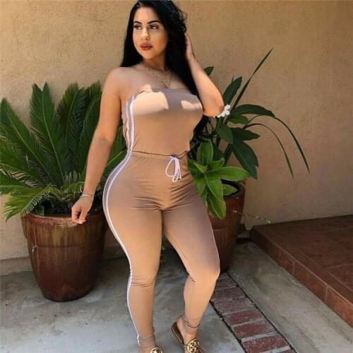 Women Casual Sports Jumpsuit Rompers Bodycon Summer Strapless Side Striped Slim Jumpsuit Lady Fashion Fit Stretchy Jumpsuit Club