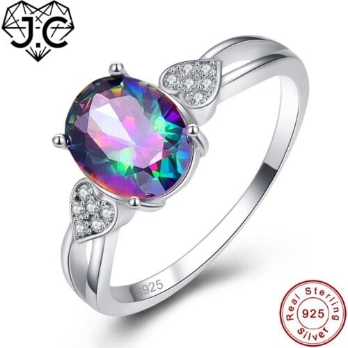 J.C Oval Cut Mystic Fire Rainbow Blue & Heart White Topaz 925 Sterling Silver Ring Size 6 7 8 9 Women Fine Jewelry Lovers Gift