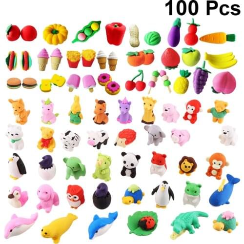 100PCS Cartoon Erasers Creative Erasers Lovely Animal Fruit Vegetable Shape Erasers (50PCS Animals, 50PCS Fruits)