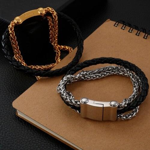 8.26'' HOt selling jewelry Black leather Stainless steel braind Link chain bangle bracelet