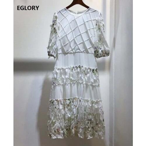 Top Grade Designer Dress 2020 Summer Women Geometric Patterns Tassel Flower Deco Short Sleeve Vintage Back Button Dress White