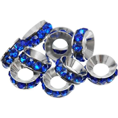 DoreenBeads Dull Silver Color Blue Rhinestone Rondelle Spacer Beads Fit European Charm 10x5mm,10PCs, New