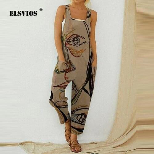 Abstract Printing Loose Overalls Womens New Cotton Linen Strap Button Pocket Jumpsuit Summer Casual Romper Female Sexy Trousers