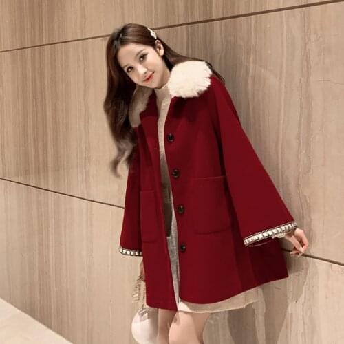Red Christmas Woolen Coat Women Korean Winter Overcoat Outwear Loose Plus Size Cardigans Long Sleeve Manteau Femme Elegant